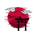 illustration of tori gate, cat, sakura tree and cloud. silhouette. Japanese style.