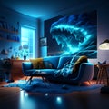 Illustration of a tornado destroying a living room with a blue sofa Generative AI