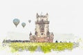 Illustration. Torre de Belem or the Belem Tower is one of the attractions of Lisbon. Royalty Free Stock Photo