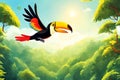 Illustration of toucan flying in the forest, green vegetation.