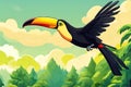 Illustration of toucan flying in the forest, green vegetation.