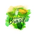 Illustration of toucan with palm leaves. Banner Welcome to Brazil.