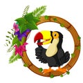 Toucan on round wood frame with flower