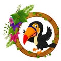 Toucan on round wood frame with flower