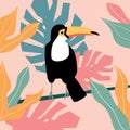 Illustration with toucan - tropic bird. Cartoon character