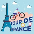 illustration of tour de france with bicycle racer and eiffel tower on blue background