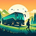 illustration of a tourist bus traveling amidst beautiful natural scenery. Royalty Free Stock Photo