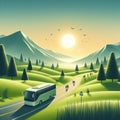 illustration of a tourist bus traveling amidst beautiful natural scenery 2 Royalty Free Stock Photo