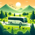 illustration of a tourist bus traveling amidst beautiful natural scenery 3 Royalty Free Stock Photo