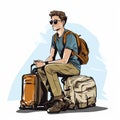 Illustration of a tourist, 25 year old, luggage, simple, minimal, flat color, comic book style.. AI Generated