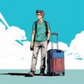 Illustration of a tourist, 25 year old, luggage, simple, minimal, flat color, comic book style.. AI Generated