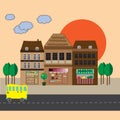 Illustration with townhouses, shopping malls, road and bus