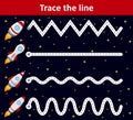 Trace line worksheet for preschool kids with rockets