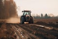 Tractor driving across large field making special beds for sowing seeds into purified soil. Agricultural vehicle works in the