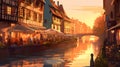 Illustration of traditional colorful half-timbered houses and a river in an old European town