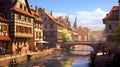 Illustration of traditional colorful half-timbered houses and a river in an old European town