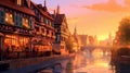 Illustration of traditional colorful half-timbered houses and a river in an old European town