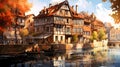 Illustration of traditional colorful half-timbered houses and a river in an old European town