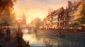 Illustration of traditional colorful half-timbered houses and a river in an old European town