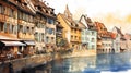 Illustration of traditional colorful half-timbered houses and a river in an old European town