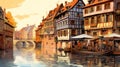 Illustration of traditional colorful half-timbered houses and a river in an old European town