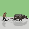 illustration of a traditional farmer plowing a field with a buffalo to turn his land