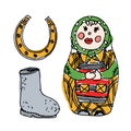 Illustration with traditional Russian symbols: nested doll, vale