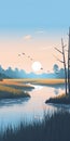 Tranquil Marsh Sunrise - Minimalistic Landscape Vector Wallpaper