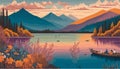 illustration of tranquil lakeside scene. Depict a serene lake surrounded by majestic mountains, with colorful Royalty Free Stock Photo