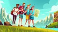 An illustration for a travel cartoon banner. Tourist backpackers searching a map on a world landmarks background. Travel Royalty Free Stock Photo