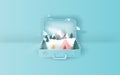 Illustration of Travel holiday tent camping trip winter suitcase concept.Graphic for snowfall winter season paper cut and craft