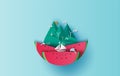 Illustration of travel in holiday vacation summer season circle idea. Sea wave with watermelon concept. boat in ocean landscape.