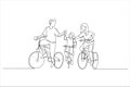 Illustration of traveling with family holiday together. Ecotourism by bicycle. One line art style