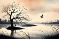 Illustration of a tree with birds flying over the lake at sunset, tranquil illustration painting, abstract, generative ai Royalty Free Stock Photo