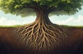 Illustration of tree cross-section shows roots underground, trunk above surface. Natural structure, ecosystem, botany, ecology, Royalty Free Stock Photo