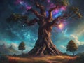 an illustration of a tree with a night view under the stars and a beautiful night sky