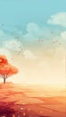 An illustration of a tree with orange leaves in an autumn landscape with a blue sky and orange ground Royalty Free Stock Photo