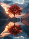 Illustration of a tree with red leaves in front of a serene lake, reflecting the tree's image. Royalty Free Stock Photo