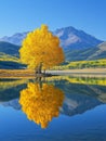 Illustration of a tree with vibrant yellow leaves in front of a serene lake, reflecting the tree. Royalty Free Stock Photo
