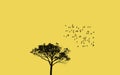 Illustration of trees and flying birds flock against clear sky in yellow. Migrating birds concept.