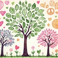 Illustration of trees whose leaves are symbols of positive messages and wishes for peace.
