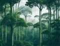 Illustration of the treetops of virgin rainforest at morning