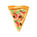 Triangle pizza slice with red pepper, olives, onion and green tomatoes. Appetizing fast food. Flat vector element for