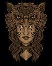 illustration tribal girl with owl head on black background Royalty Free Stock Photo