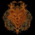 illustration tribal wolf head with vintage engraving ornament Royalty Free Stock Photo