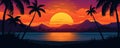 Illustration of tropical bay sunset, blue ocean, mountains and palm trees. Royalty Free Stock Photo