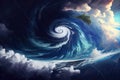 illustration of tropical cyclone, with blue sky and clouds above and stormy seas below