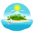 Illustration of tropical island in ocean. Landscape with ocean, palm trees and yacht. Travel background