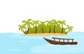 Tropical island with sand and palm trees and boat in blue ocean. Natural landscape. Summer scenery. Flat vector design