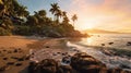 Illustration of a tropical landscape featured palms, flowers, and a blue Iceland during the sunset